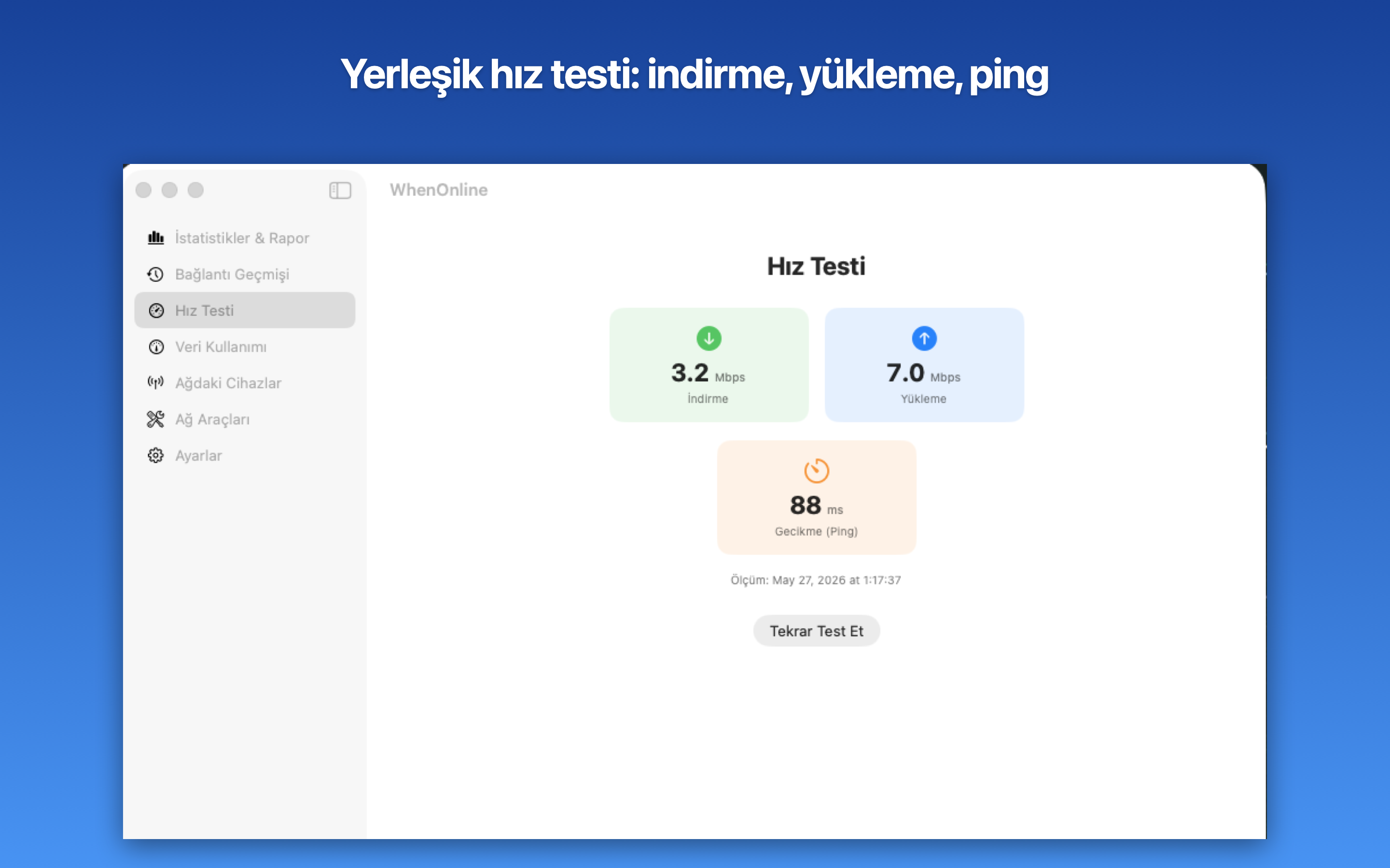 WhenOnline yerleşik hız testi