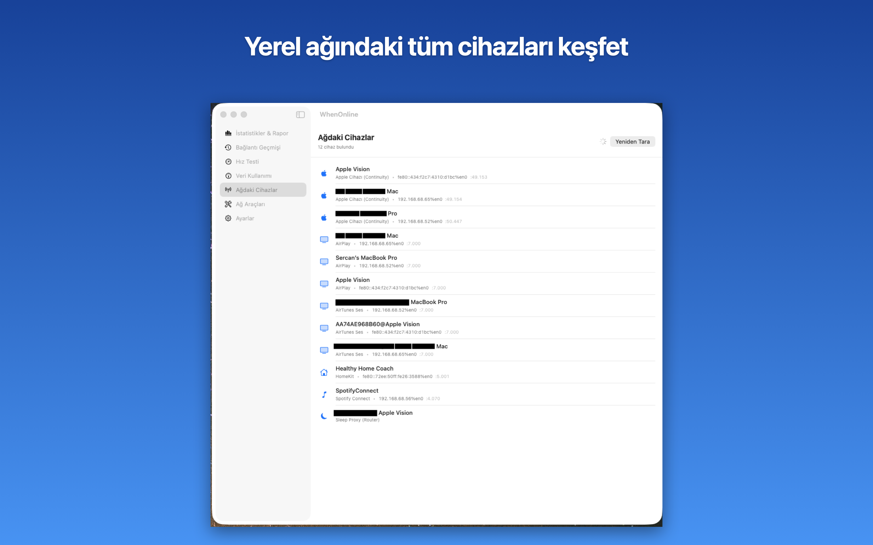 WhenOnline ağdaki cihazlar ekranı
